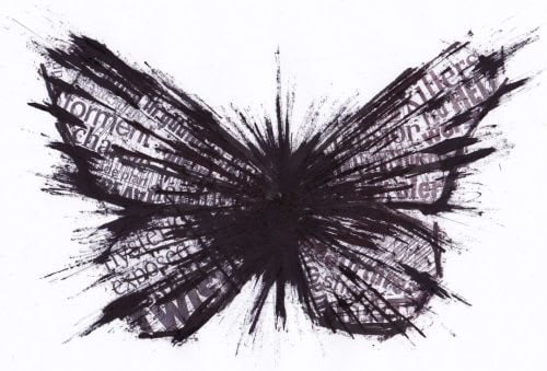 A black drawing of a butterfly on a white background with words in the wings 