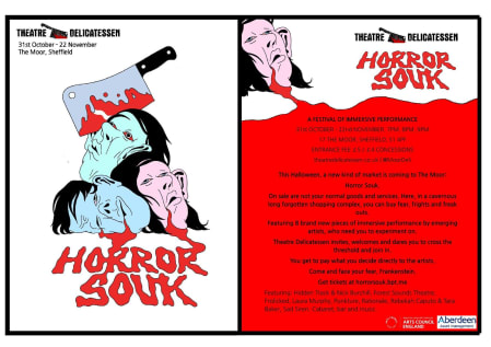 Marketing imagery for Horror Souk, containing animations of people and blood and show information