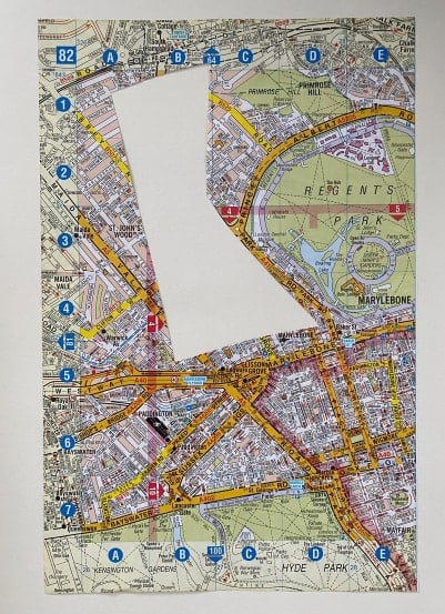a road map of Regents Park. A chunk of the map is cut out from the middle