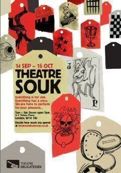 A black, red and white digital flyer that says Theatre Souk and includes event information and line drawings