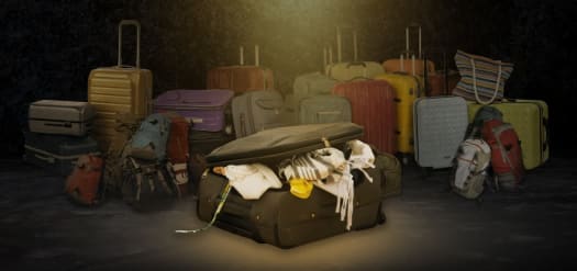 Various suitcases in a dimly lit room, all varying colours and sizes. One larger suitcase is in the foreground and is on its side, the suitcase has items of clothing and belongings falling out