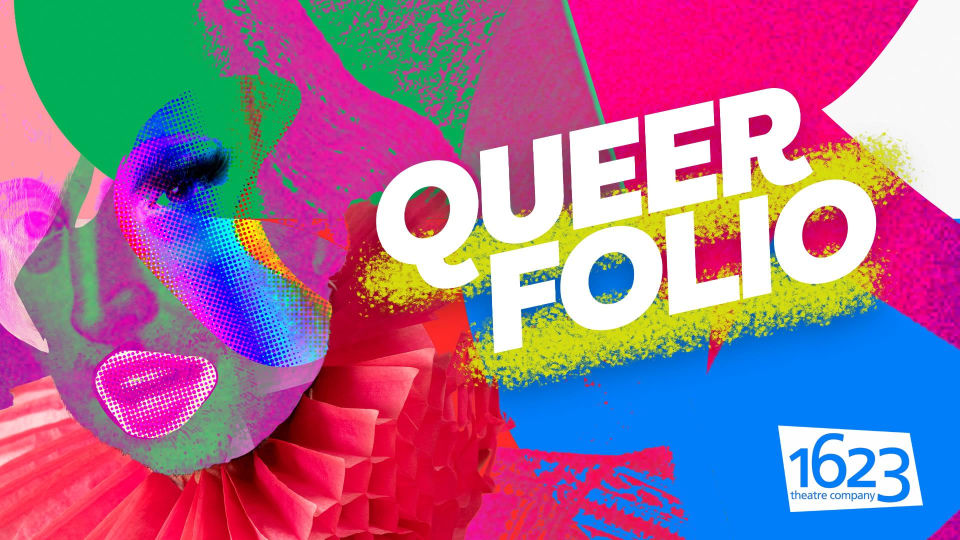 A vibrant, multi-colour image for 1623 theatres Queer Folio project, including Shakespeare collage, fusing a mix of Shakespeare himself and patches of eye make-up, lipstick and a huge pink ruff.