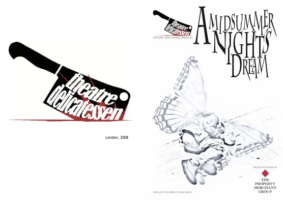 Artwork for A Midsummer Night's Dream of a person and a butterfly and an old Theatre Deli logo - the document is red, white and black