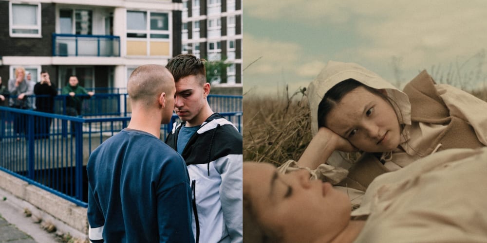split screen showing two queer scenes: two men on a council estate looking at eachother intensely, and two women in old fashioned clothes lying in long grass talking