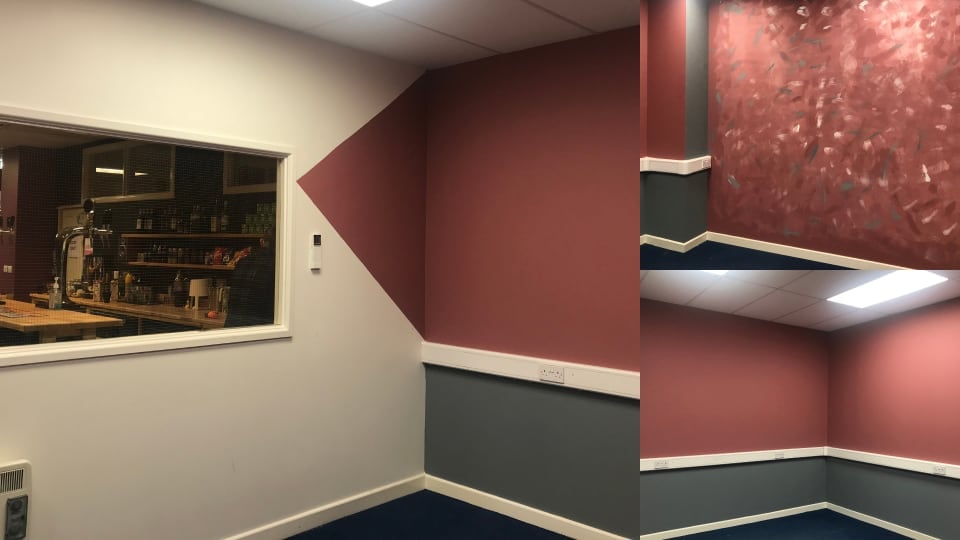  Three angles of rehearsal room 2 with white, pink and grey designs on the walls.