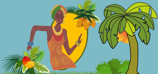 Poster with pastel blue background. At the left is a dancing woman in the middle of a yellow mango shape frame. She is wearing a colourful headwrap and her eyes are closed to signify enjoyment. On the right hand corner are vibrant green leaves and ye