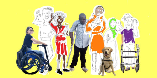 Artwork for The Social Model and More, showing 7 people and a guide dog. Some people are signing ‘listen’ and 'speak’ in BSL.