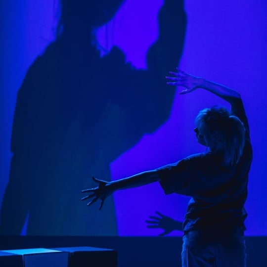 An image of a white woman facing the back of the stage, she is wearing white and has short blonde hair. She has her left up up halfway and her right arm up horizontally. On the wall behind her is a silhouette of her being projected in blue