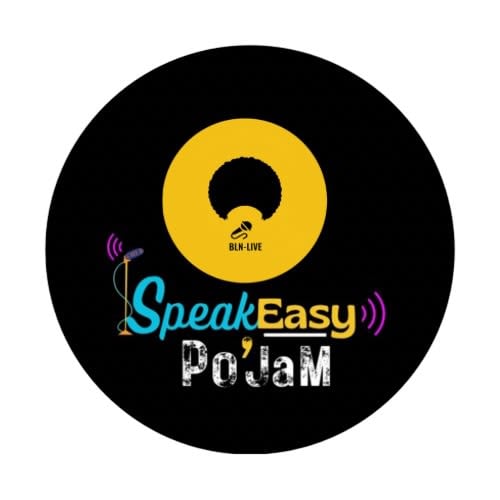 The BLN logo, a yellow circle with an afro hairstyle and a mic outline inside. Just below the yellow circle it says: Speak Easy Po Jam