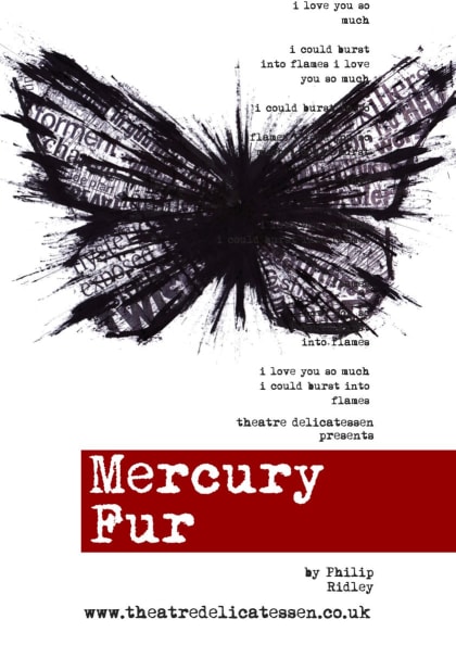 Artwork for Mercury Flur, inclduing an image of an abscract butterfly - the artwork is red, white and black