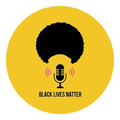 Black Lives Natter logo. A yellow circle with a outline of a mircophone on it, above the mircophone is the outline of hair, underneath texts reads Black Lives natter