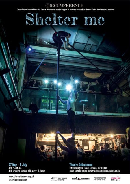 A dramatic digital show flyer that says Shelter Me and includes show details, the photo on the flyer is a person hanging from a tall ceiling with other people reaching up and audience members watching from different levels