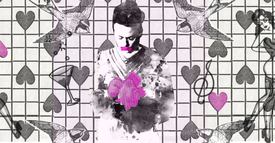A black and white photocopy-style image.   In the foreground is a figure of a woman (waist up), holding a bouquet of flowers. The flowers are highlighted in hot pink and her mouth is covered with a hot pink rectangle.   The background looks like grid