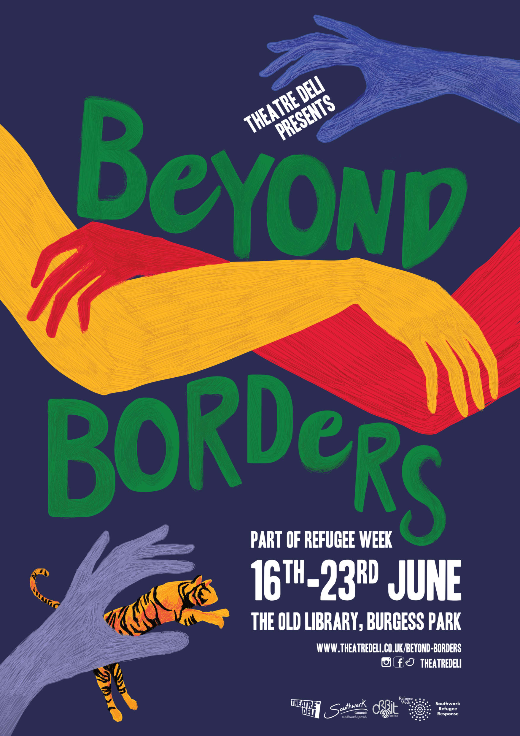 A colourful digital flyer with images of hands that says Theatre Deli presents Beyond Boarders, with venue and dates information