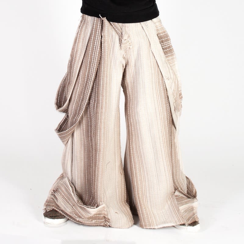 Large wide-leg burlap trousers, they are beige and striped with brown