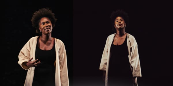 Two pictures of Jaelon side by side, Jaelon is a young black woman with her who is performing to an audience. She is wearing a black top and a cream cardigan, she is looking pensive and thoughtful in both images