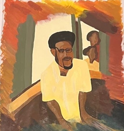 A painting of a man in a white, short sleeve shirt with an afro. He is surrounded by colours. Behind him two figures look in through a window